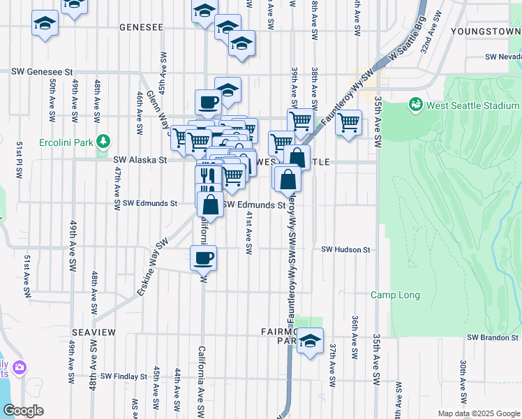 map of restaurants, bars, coffee shops, grocery stores, and more near 4809 40th Avenue Southwest in Seattle