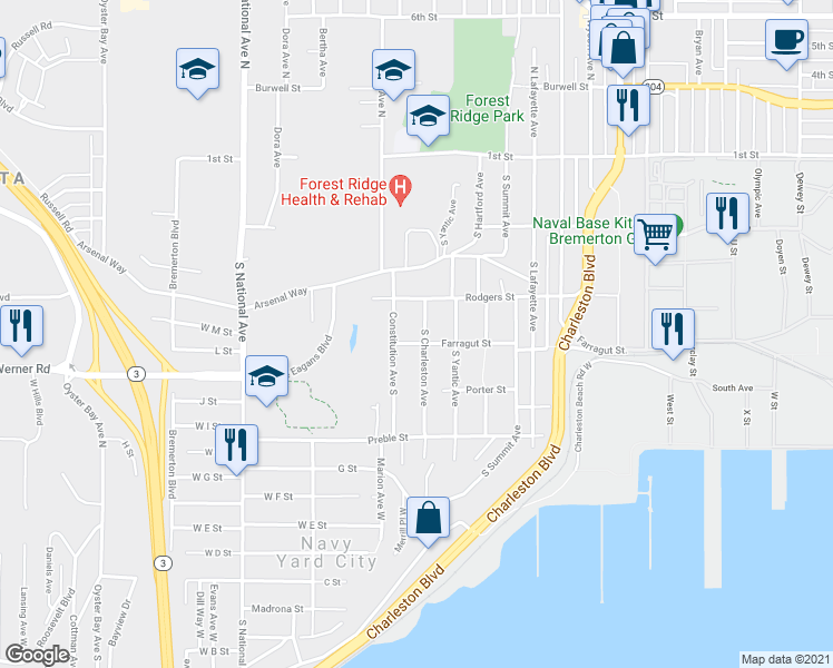 map of restaurants, bars, coffee shops, grocery stores, and more near 333 South Charleston Avenue in Bremerton
