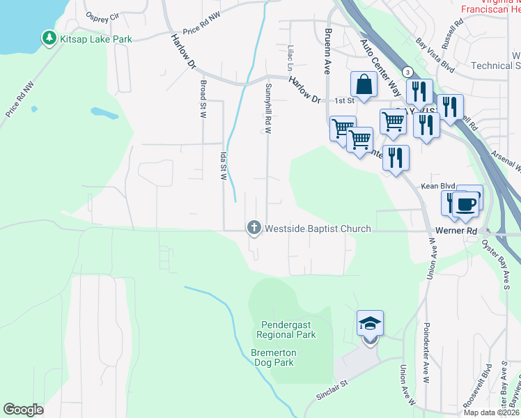 map of restaurants, bars, coffee shops, grocery stores, and more near 429 Sunnyhill Road West in Bremerton