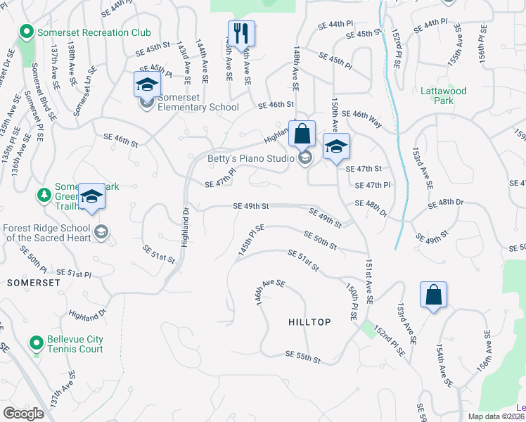 map of restaurants, bars, coffee shops, grocery stores, and more near 14603 Southeast 49th Street in Bellevue