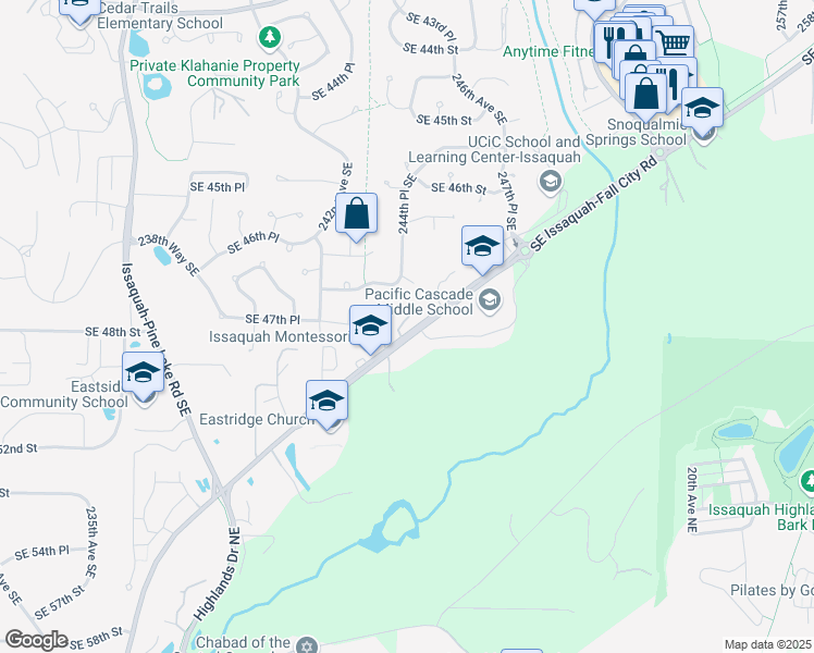 map of restaurants, bars, coffee shops, grocery stores, and more near 4764 244th Court Southeast in Issaquah