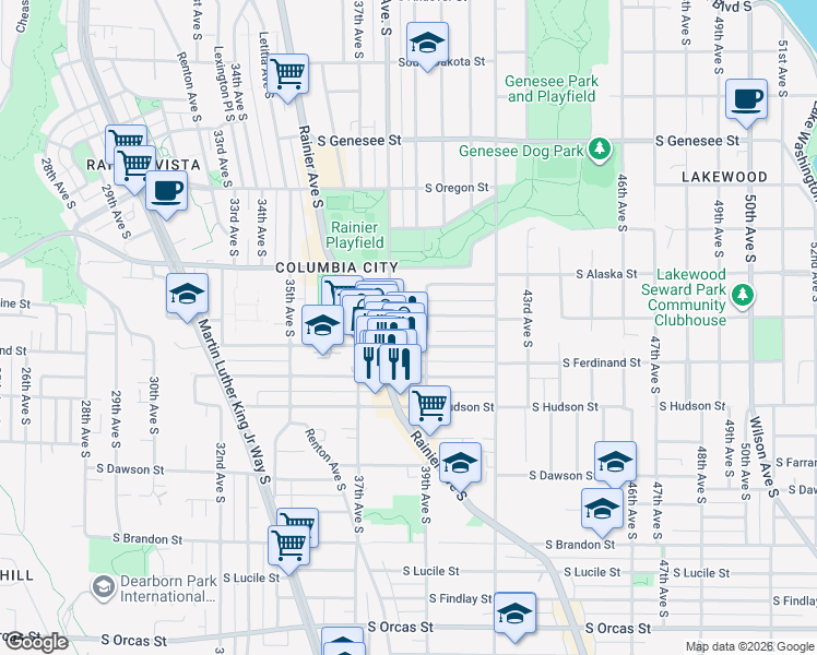 map of restaurants, bars, coffee shops, grocery stores, and more near 3821 South Angeline Street in Seattle