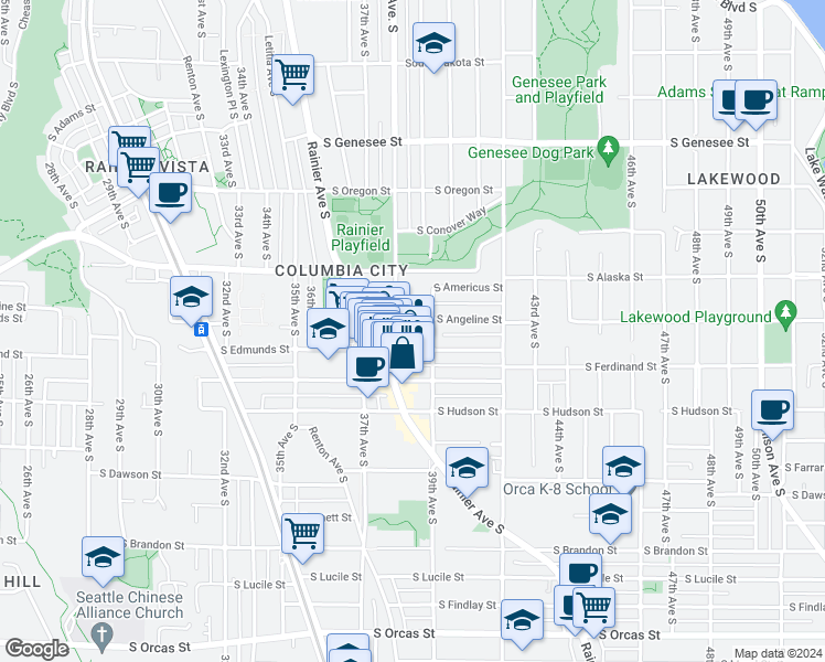 map of restaurants, bars, coffee shops, grocery stores, and more near 3819 South Angeline Street in Seattle