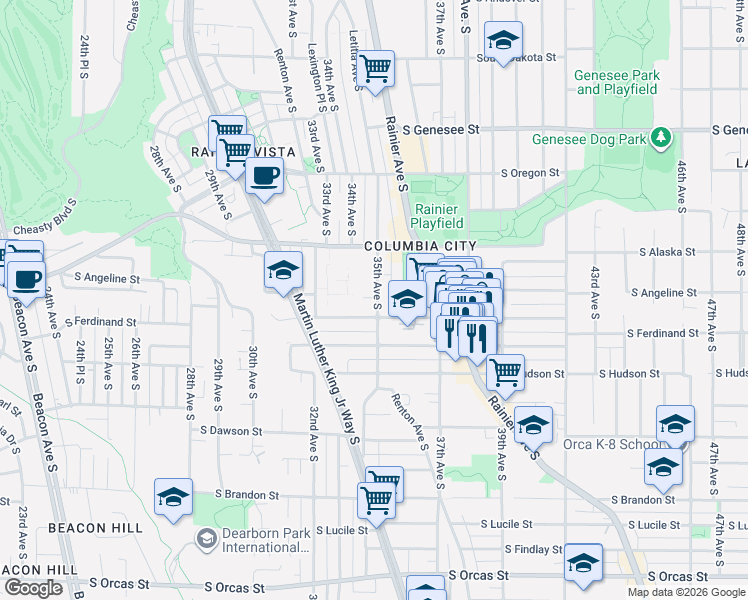 map of restaurants, bars, coffee shops, grocery stores, and more near 4791 35th Avenue South in Seattle