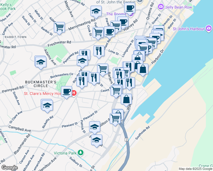 map of restaurants, bars, coffee shops, grocery stores, and more near 5 McFarlane Street in St. John's