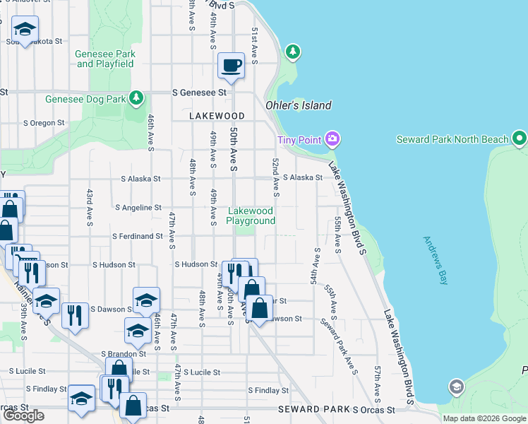 map of restaurants, bars, coffee shops, grocery stores, and more near 4814 51st Avenue South in Seattle