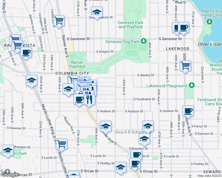 map of restaurants, bars, coffee shops, grocery stores, and more near 3946 South Edmunds Street in Seattle