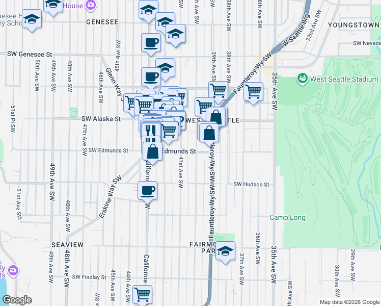map of restaurants, bars, coffee shops, grocery stores, and more near 4809 40th Avenue Southwest in Seattle