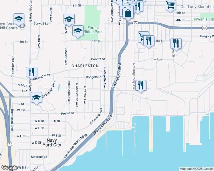 map of restaurants, bars, coffee shops, grocery stores, and more near 328 South Lafayette Avenue in Bremerton