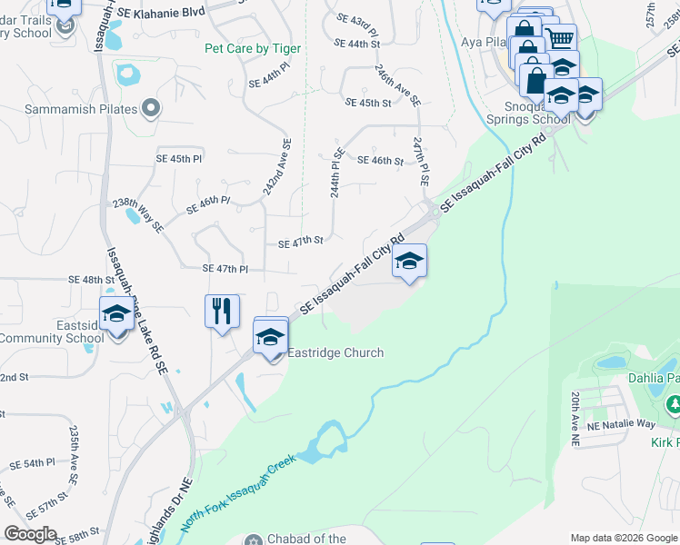map of restaurants, bars, coffee shops, grocery stores, and more near 4764 244th Court Southeast in Issaquah