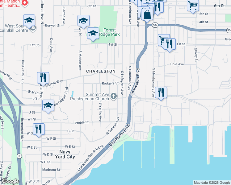 map of restaurants, bars, coffee shops, grocery stores, and more near 3110 Farragut Street in Bremerton