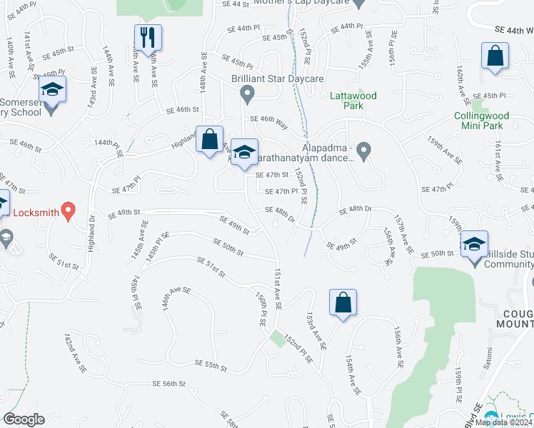 map of restaurants, bars, coffee shops, grocery stores, and more near 15115 Southeast 48th Drive in Bellevue