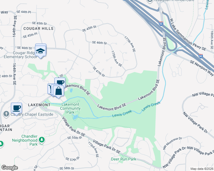 map of restaurants, bars, coffee shops, grocery stores, and more near 17355 Southeast 48th Court in Bellevue