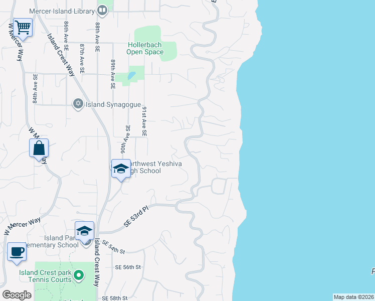 map of restaurants, bars, coffee shops, grocery stores, and more near 4907 East Mercer Highlands Drive in Mercer Island
