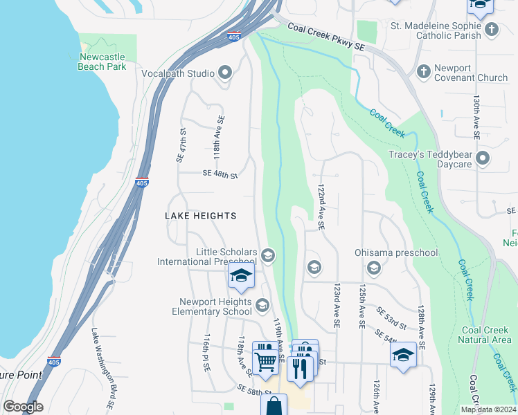 map of restaurants, bars, coffee shops, grocery stores, and more near 4918 119th Avenue Southeast in Bellevue