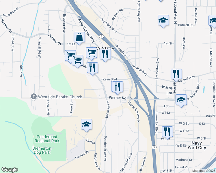 map of restaurants, bars, coffee shops, grocery stores, and more near 4900 Kean Street in Bremerton