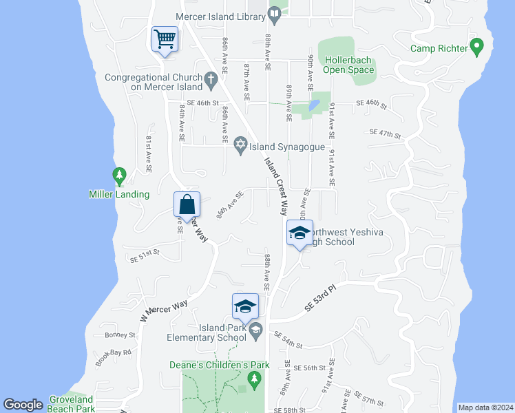 map of restaurants, bars, coffee shops, grocery stores, and more near 4830 88th Place Southeast in Mercer Island