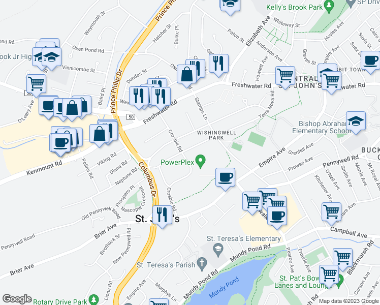 map of restaurants, bars, coffee shops, grocery stores, and more near 89 A Terra Nova Road in St. John's