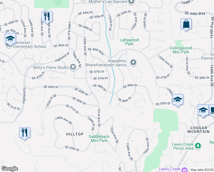 map of restaurants, bars, coffee shops, grocery stores, and more near 15155 Southeast 48th Drive in Bellevue