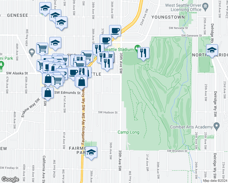 map of restaurants, bars, coffee shops, grocery stores, and more near 4754 36th Avenue Southwest in Seattle