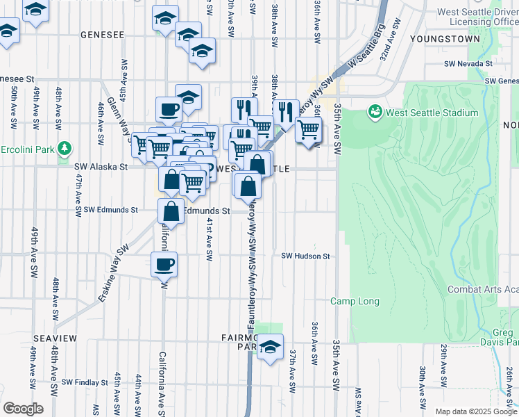 map of restaurants, bars, coffee shops, grocery stores, and more near 4807 38th Avenue Southwest in Seattle