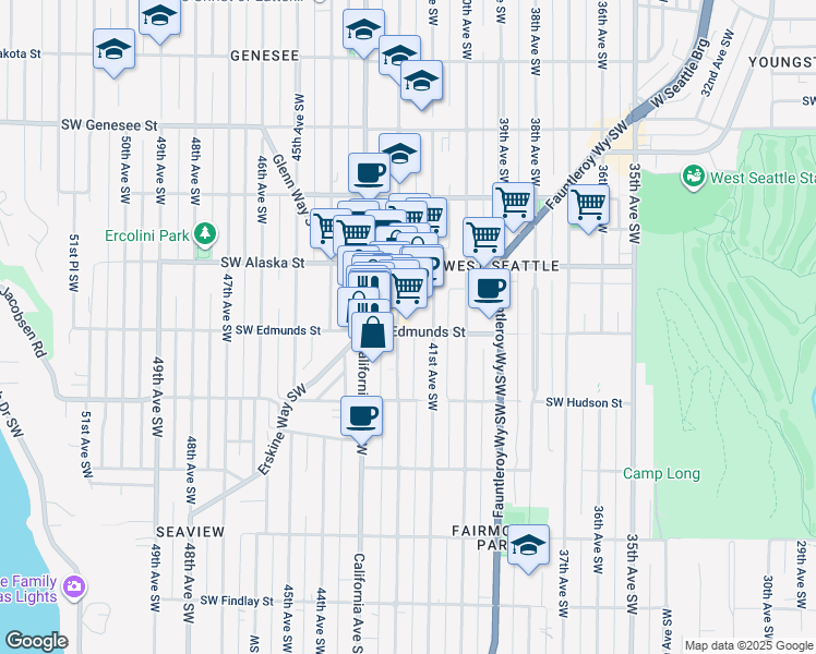 map of restaurants, bars, coffee shops, grocery stores, and more near 4100 Southwest Edmunds Street in Seattle