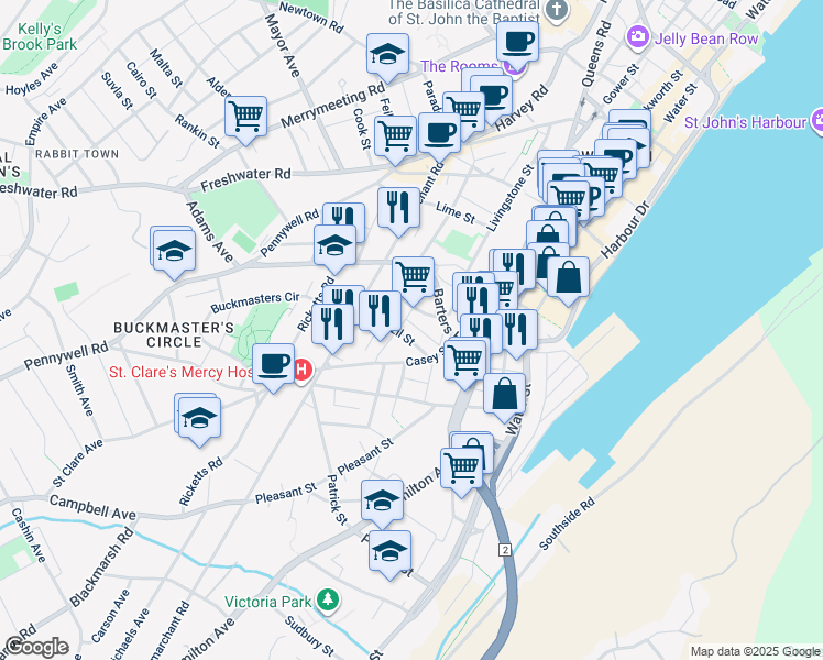 map of restaurants, bars, coffee shops, grocery stores, and more near 25 McFarlane Street in St. John's