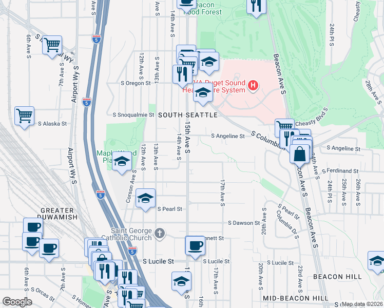map of restaurants, bars, coffee shops, grocery stores, and more near 1511 South Ferdinand Street in Seattle