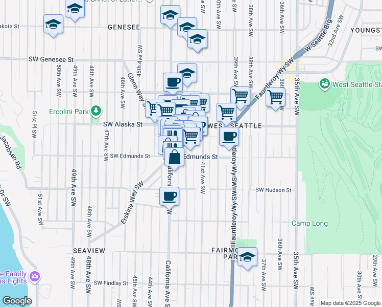 map of restaurants, bars, coffee shops, grocery stores, and more near 4806 42nd Avenue Southwest in Seattle