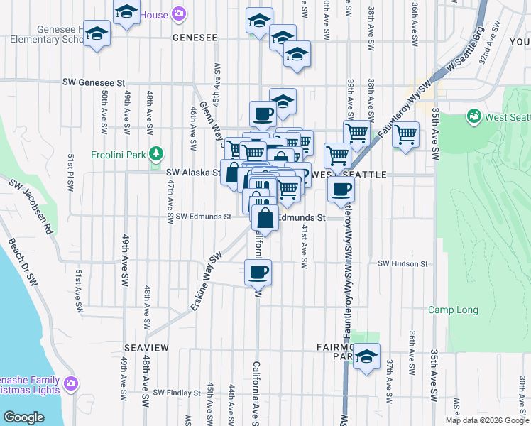 map of restaurants, bars, coffee shops, grocery stores, and more near in Seattle