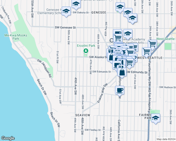 map of restaurants, bars, coffee shops, grocery stores, and more near 4708 Southwest Edmunds Street in Seattle