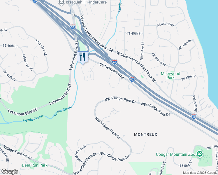 map of restaurants, bars, coffee shops, grocery stores, and more near 18505 Southeast Newport Way in Issaquah