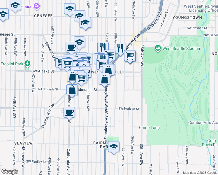 map of restaurants, bars, coffee shops, grocery stores, and more near 4754 Fauntleroy Way Southwest in Seattle