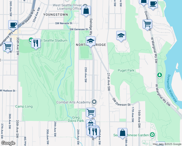 map of restaurants, bars, coffee shops, grocery stores, and more near 4755 Delridge Way Southwest in Seattle