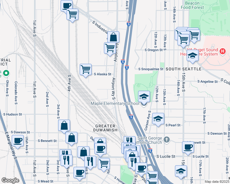 map of restaurants, bars, coffee shops, grocery stores, and more near 4810 Airport Way South in Seattle