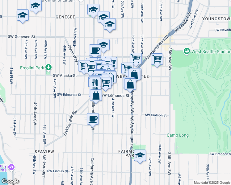 map of restaurants, bars, coffee shops, grocery stores, and more near 4752 41st Avenue Southwest in Seattle