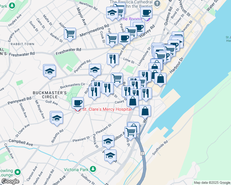 map of restaurants, bars, coffee shops, grocery stores, and more near 31 McFarlane Street in St. John's