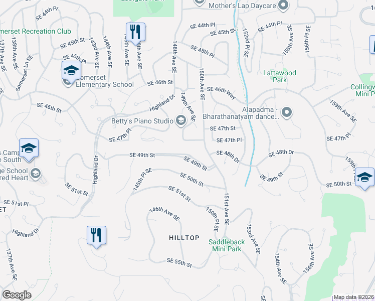 map of restaurants, bars, coffee shops, grocery stores, and more near 14824 Southeast 49th Street in Bellevue
