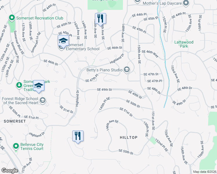 map of restaurants, bars, coffee shops, grocery stores, and more near 14603 Southeast 49th Street in Bellevue