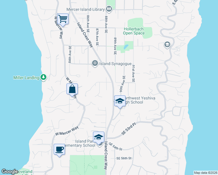 map of restaurants, bars, coffee shops, grocery stores, and more near 4836 88th Avenue Southeast in Mercer Island