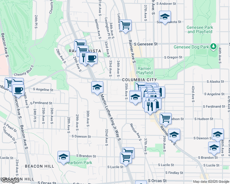 map of restaurants, bars, coffee shops, grocery stores, and more near 3220 South Edmunds Street in Seattle