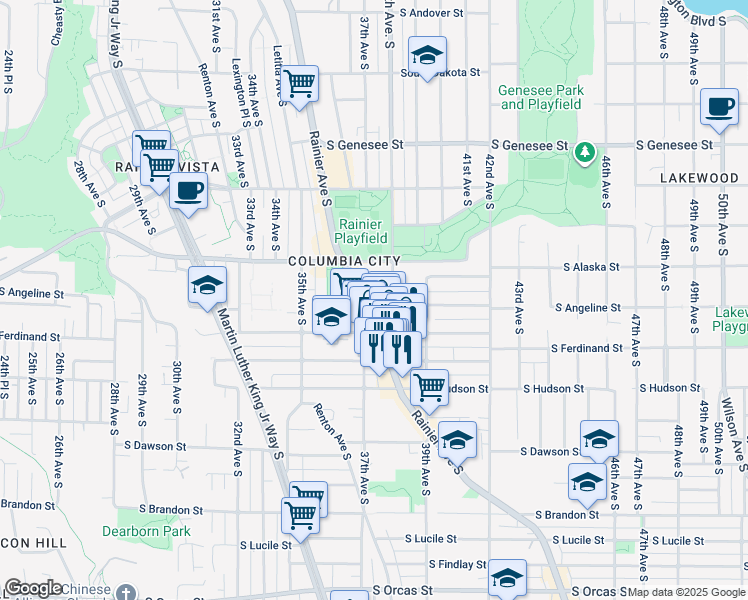 map of restaurants, bars, coffee shops, grocery stores, and more near 3710 South Angeline Street in Seattle