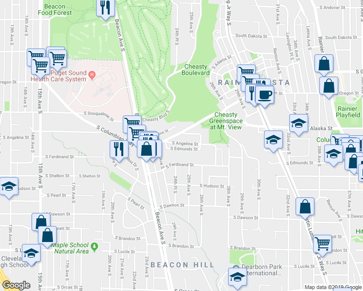 map of restaurants, bars, coffee shops, grocery stores, and more near 2460 South Ferdinand Street in Seattle