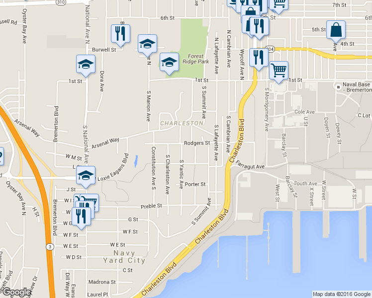 map of restaurants, bars, coffee shops, grocery stores, and more near 3216 Farragut Street in Bremerton