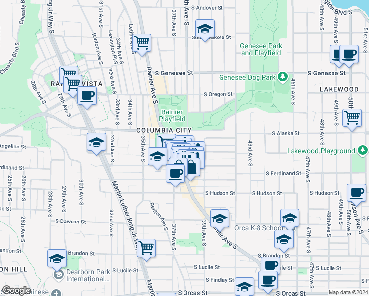 map of restaurants, bars, coffee shops, grocery stores, and more near 3716 South Angeline Street in Seattle