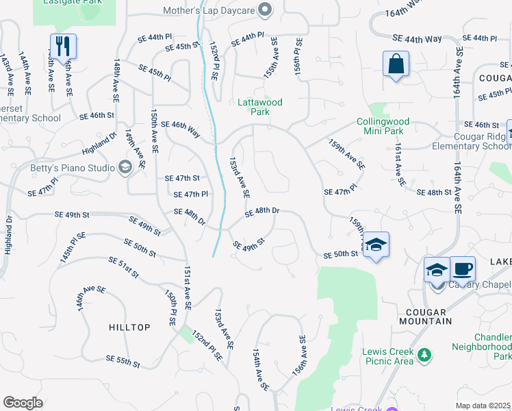 map of restaurants, bars, coffee shops, grocery stores, and more near 15312 Southeast 48th Drive in Bellevue