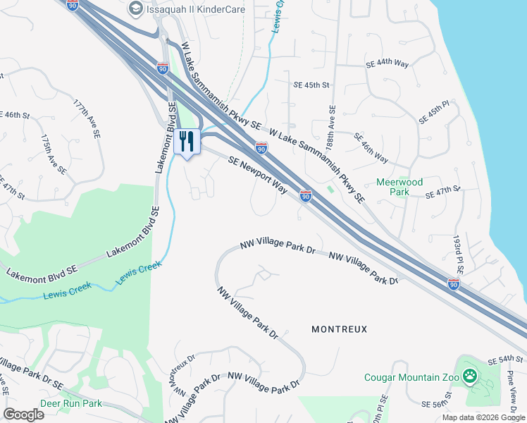 map of restaurants, bars, coffee shops, grocery stores, and more near 18505 Southeast Newport Way in Issaquah