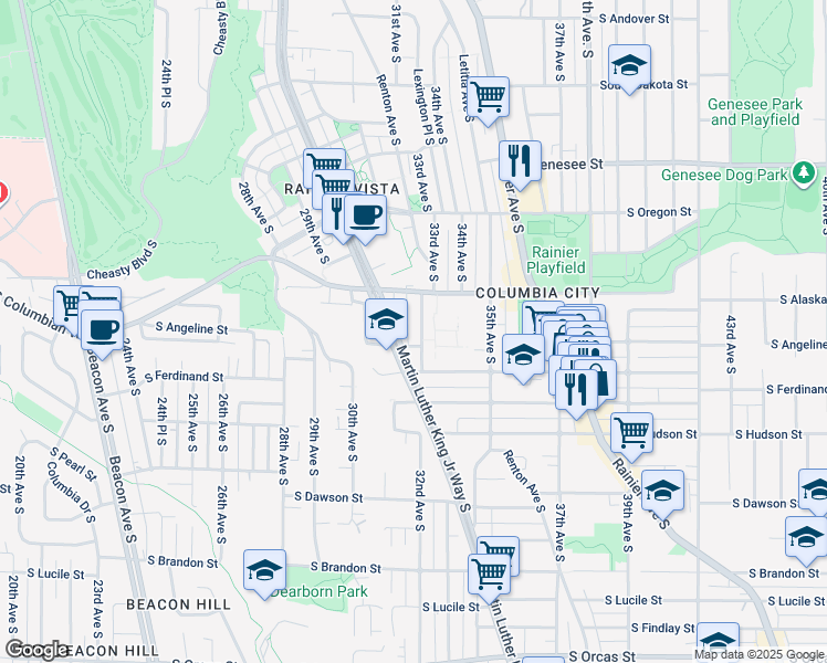 map of restaurants, bars, coffee shops, grocery stores, and more near 4735 32nd Avenue South in Seattle