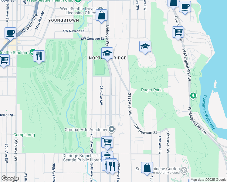 map of restaurants, bars, coffee shops, grocery stores, and more near 4804 Delridge Way Southwest in Seattle
