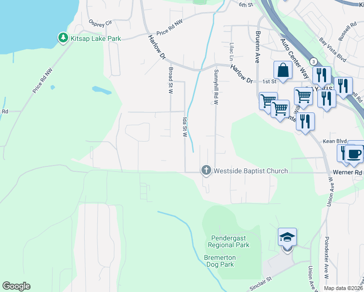 map of restaurants, bars, coffee shops, grocery stores, and more near 281 Ida Street West in Bremerton
